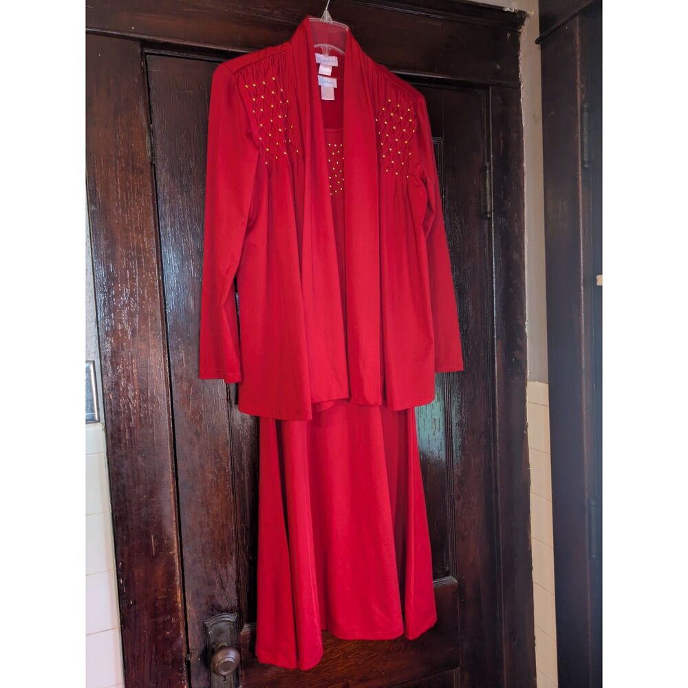 Vintage K. Jordan Red Dress and Cardigan Set with Gold  Metal Dot Detail - 10
